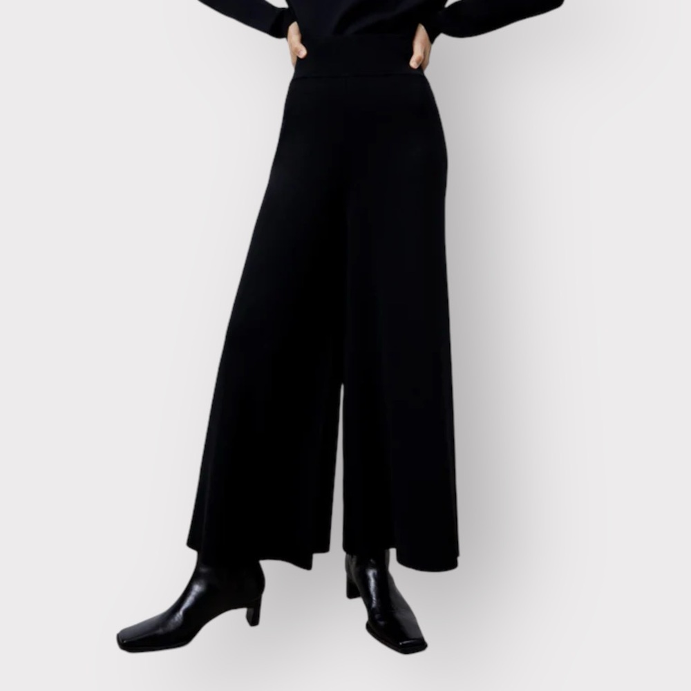 Adolfo Dominguez Black Ribbed Wide Leg Palazzo Ankle Pants (Sz 36)